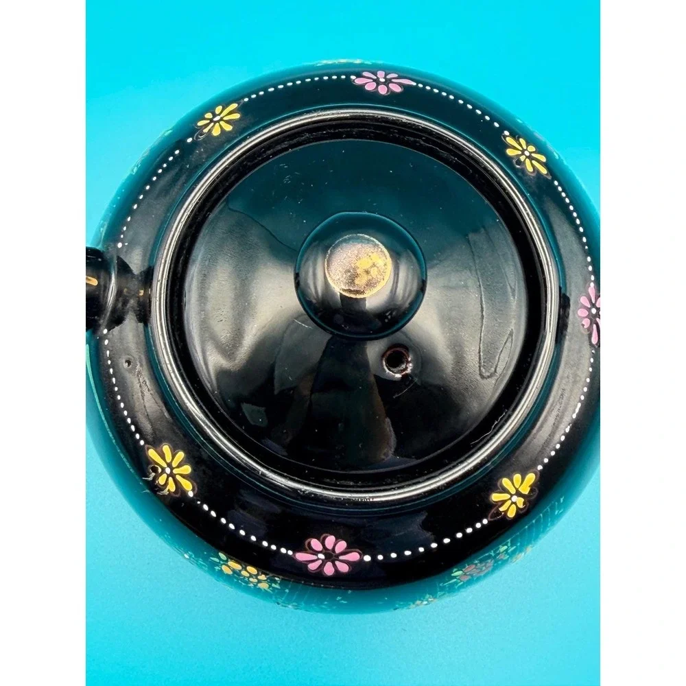Vintage 1940s Japanese Moriage Redware Teapot Black‎ Floral Hand Painted Ceramic